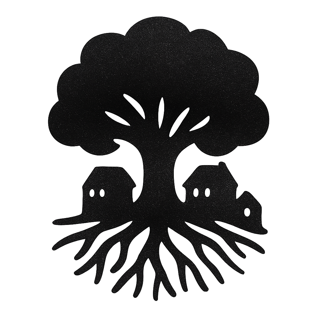 A black silhouette of a large tree with a thick trunk and leafy branches, featuring two small houses among the roots, set against a dark background.